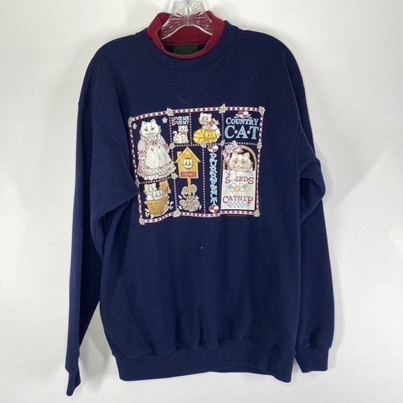 Vintage J Macinally Country Cat Catnip Navy Blue Turtleneck Sweatshirt Large 90s - Picture 1 of 8